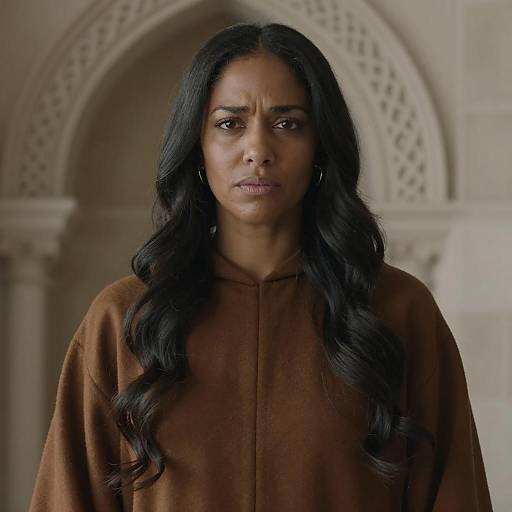 Serious Woman in Brown Robe with Stone Arch Background
