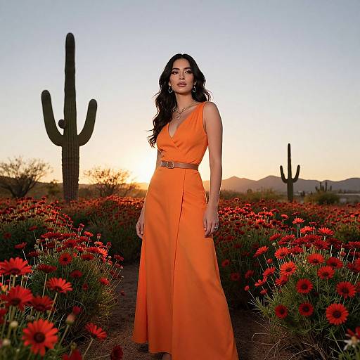 Photograph of a woman with long dark hair in a vibrant orange sleeveless dress, standing in a desert field of red flowers at sunset, with tall