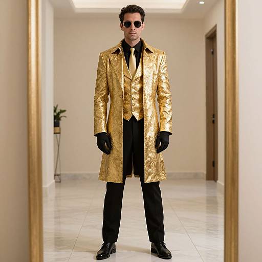 Photograph of a man in a shiny, gold long coat, black shirt, black pants, black gloves, and sunglasses, standing in a bright,