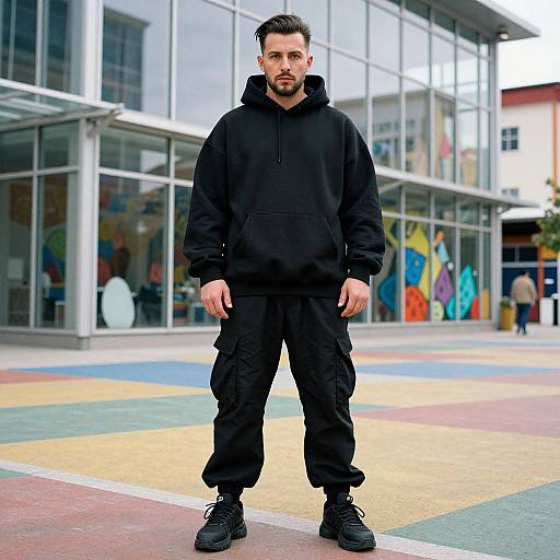 Photograph of a bearded man with dark hair, wearing a black hoodie, black cargo pants, and black boots, standing in a colorful, modern
