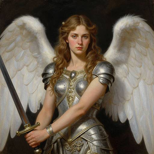 Digital painting of a fair-skinned, long-haired, angelic warrior with white wings, wearing silver armor, holding a sword, against a black background
