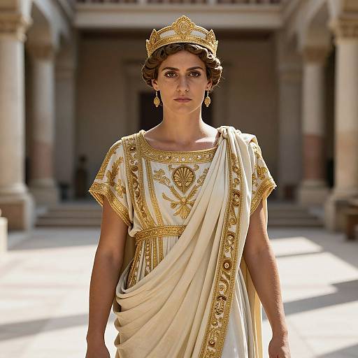 Photograph of a young woman in an ancient Roman-inspired white and gold gown, wearing a gold crown, standing in a sunlit, columned courtyard