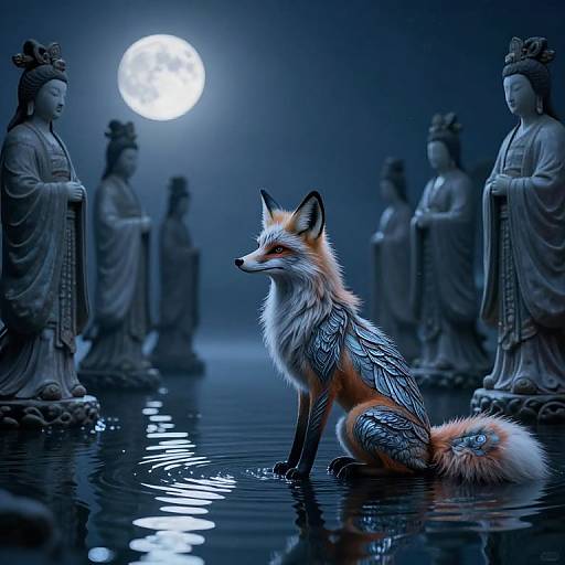 Digital art: Glowing full moon illuminates a fox with iridescent wings, sitting in reflective water, surrounded by stone statues under a dark,