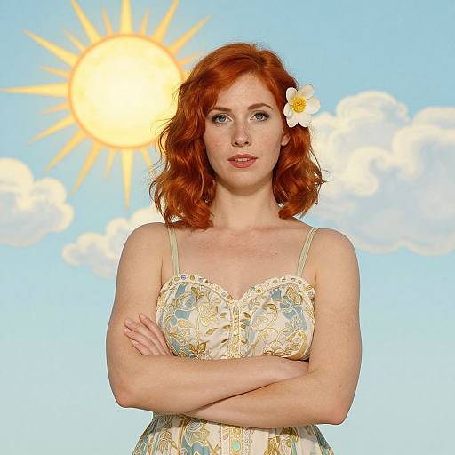 Photograph of a fair-skinned, red-haired woman with a white flower in her hair, wearing a floral lace dress, standing with arms crossed,