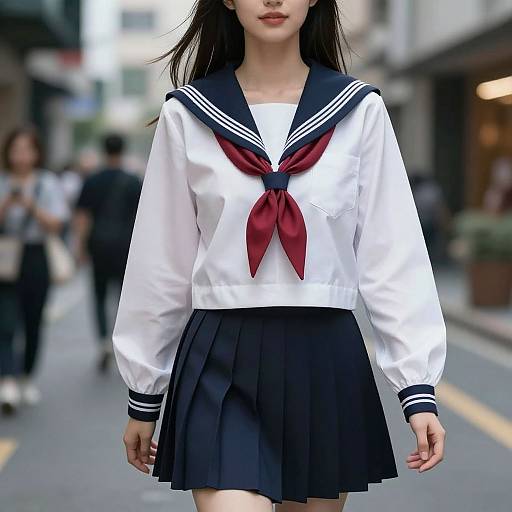 Photograph of an Asian woman with long black hair, wearing a white sailor uniform with a red necktie and black pleated skirt, standing on a