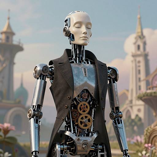 Photorealistic CGI of a white-faced robot with black vest, exposed gears, standing in front of a fairy-tale castle landscape.