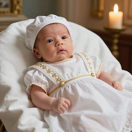 Photograph of a baby with fair skin, wearing a white embroidered dress and bonnet, lying in a white chair, illuminated by a lit candle in