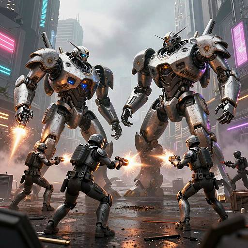 Photorealistic CGI of futuristic city battle: two large, silver mechs with glowing blue and yellow eyes, and three smaller black mechs firing lasers
