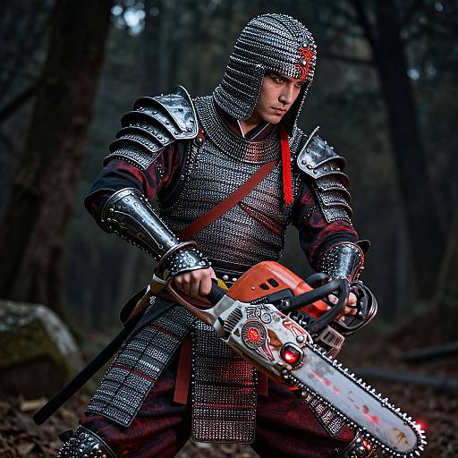 Photograph of a medieval knight in shiny chainmail armor, holding a chainsaw with red accents, standing in a dark forest.