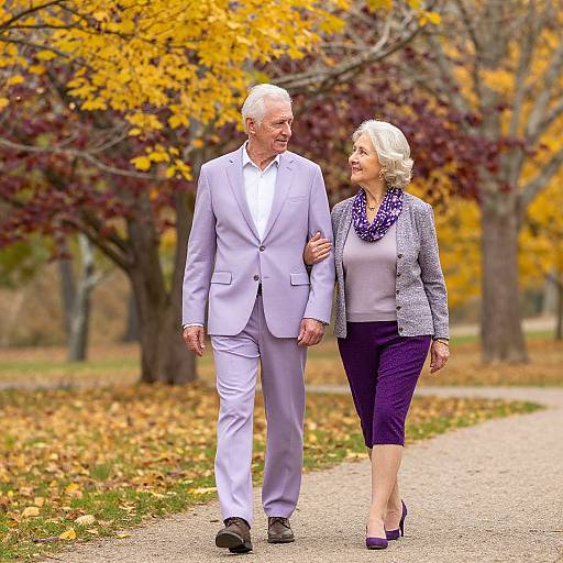 Photograph of an elderly white couple walking hand-in-hand in an autumn park, with yellow and red foliage, wearing light gray and purple outfits.