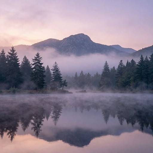 Photograph of a serene lake at dawn, reflecting misty pine trees and a mountain, with a pastel pink and purple sky.