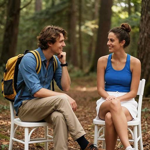 Young Couple Sitting and Smiling in Forest