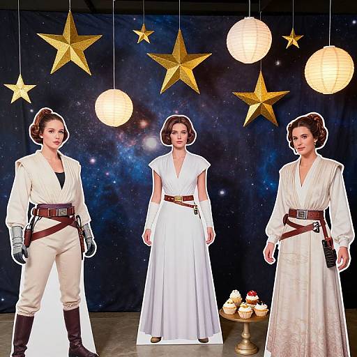 Photograph of three women in Star Wars-inspired white dresses with brown belts, standing against a starry backdrop with hanging stars and lanterns, flanked