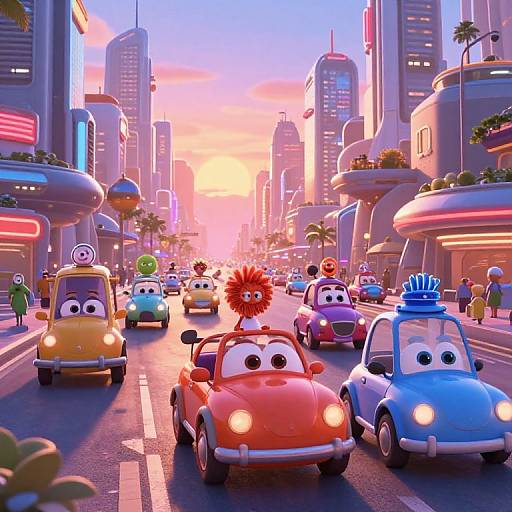 CGI cartoon cityscape at sunset, featuring anthropomorphic cars with eyes driving through a bustling street, surrounded by futuristic buildings and colorful characters.