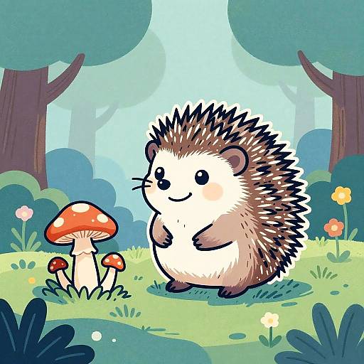 Cute digital illustration of a smiling hedgehog standing next to red and white mushrooms in a lush, colorful forest.