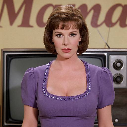 Photograph of a woman with short brown hair, wearing a purple dress with sequin trim, standing in front of a vintage TV. Background includes a