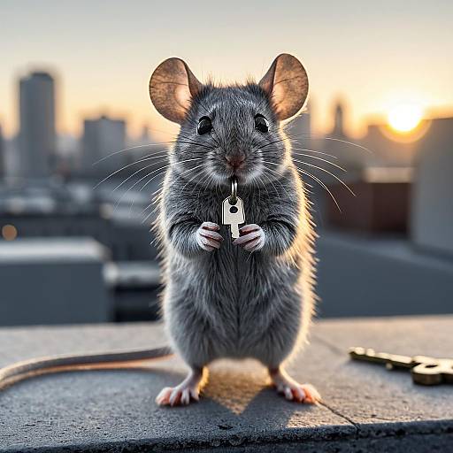 Grey Mouse Holding Tiny Silver Key on Urban Rooftop