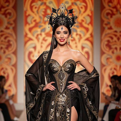 Photograph of an elegant Asian woman with dark hair in an elaborate headdress, wearing a black, gold-embroidered, strapless gown,