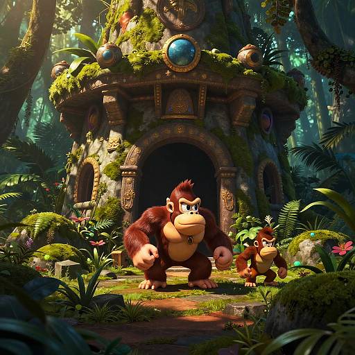 Digital artwork of Donkey Kong and Diddy Kong standing in front of a moss-covered, jungle temple with blue orbs, surrounded by lush greenery.