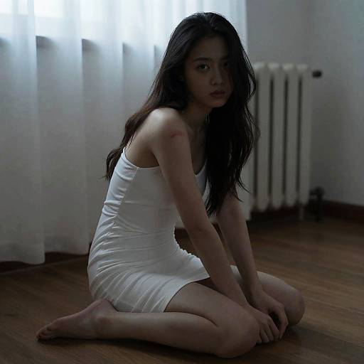 Dimly Lit Room with Woman in White Dress