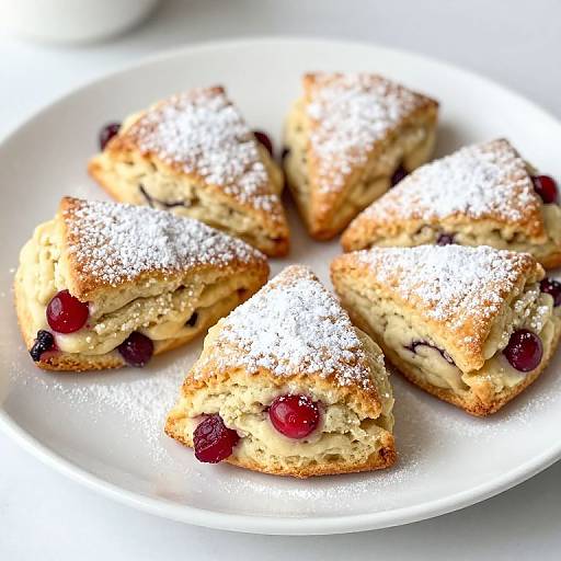 Photograph of five triangular, crumbly sugar-dusted fruit scones with visible cranberries on a white plate, set against a bright background
