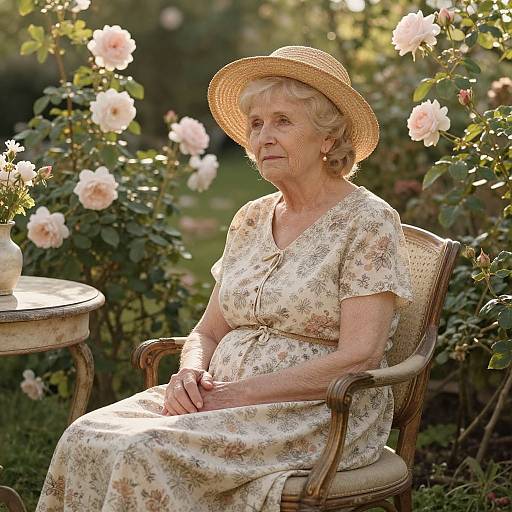 Peaceful Elderly Woman in Vintage Garden