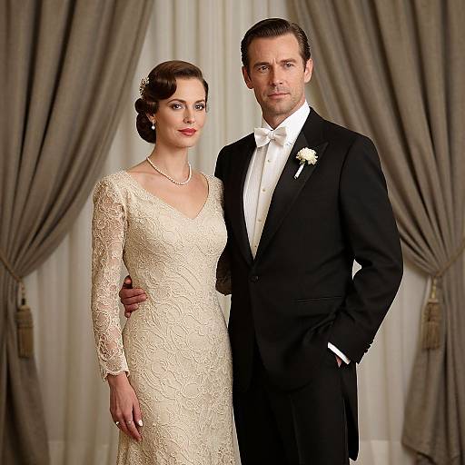 Photograph of a couple in formal attire: she wears an ivory lace dress, pearl necklace; he wears a black tuxedo with white bow tie