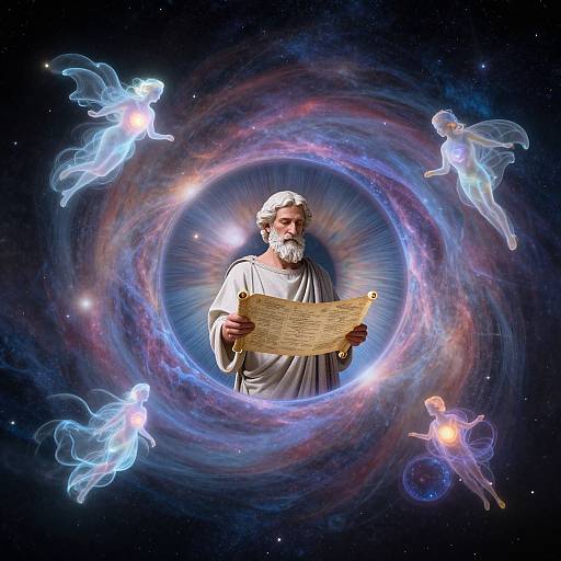 Ancient bearded man in white robes holding parchment, surrounded by glowing blue ethereal angels and a colorful cosmic whirlpool in space. Digital art.