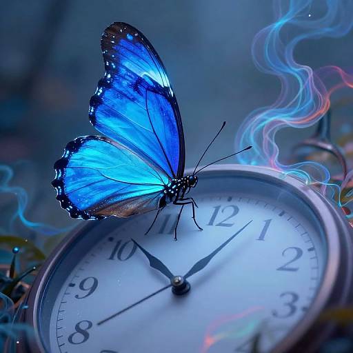 Photograph of a vibrant blue butterfly with black edges perched on a glowing, blue-lit clock, surrounded by swirling, colorful light trails.