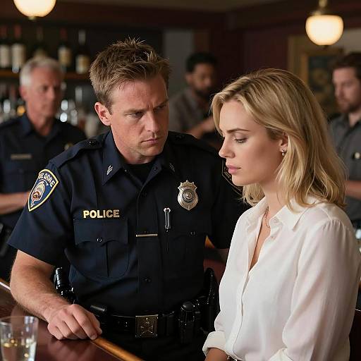 Police Officer Talking to Woman in Bar