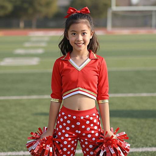 Photograph of an Asian cheerleader with long black hair, wearing a red crop top, red polka dot pants, and red bow, holding red