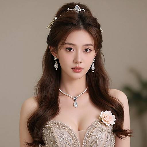 Photograph of an East Asian woman with long brown hair, wearing a diamond tiara, pearl necklace, diamond earrings, and an ornate, be