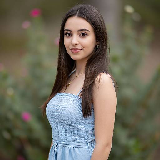 Photograph of a young woman with long dark hair, wearing a light blue, sleeveless, textured dress, standing in a garden with blurred greenery