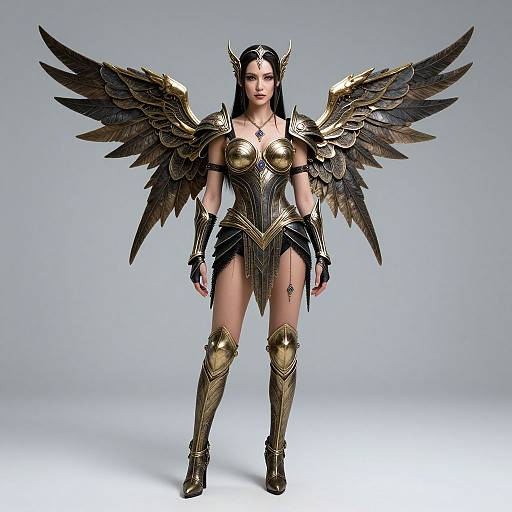 Photograph of a fierce, dark-haired woman with golden armor, black winged angel wings, and horned helmet, standing confidently against a plain white
