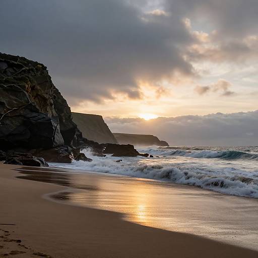 Photograph of a dramatic sunset over a rocky beach, with waves crashing, dark clouds, and golden sunlight reflecting on wet sand.