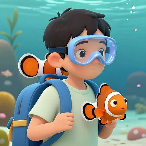 Digital cartoon of a boy with black hair, blue snorkel mask, white shirt, blue backpack, holding two orange-and-white clownfish underwater.
