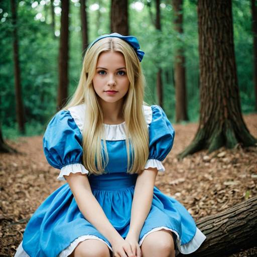 Young Woman in Blue Alice Cosplay Dress in Forest