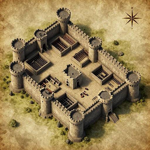 Aerial view of a medieval stone castle with four towers, detailed interior rooms, and a compass in the top-right corner.