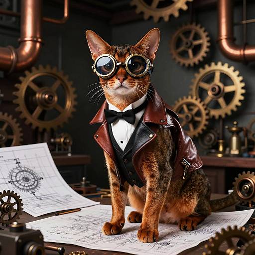 Photorealistic image of a tabby cat with round goggles, wearing a brown leather jacket and black bow tie, sitting on blueprints in a ste