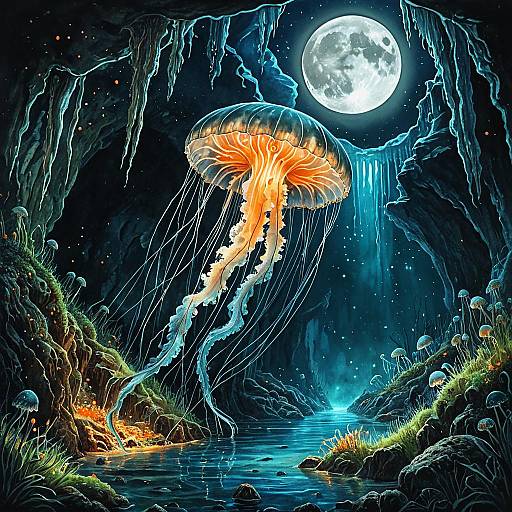 Glowing Jellyfish in Moonlit Underwater Cavern