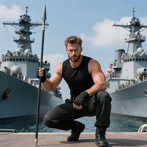 Muscular Man with Spear Between Warships