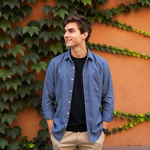 Young Man by Ivy-Covered Orange Wall