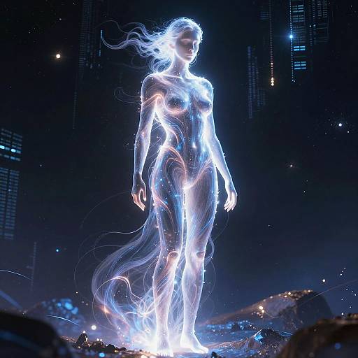 Ethereal AI Figure in Cosmic Space
