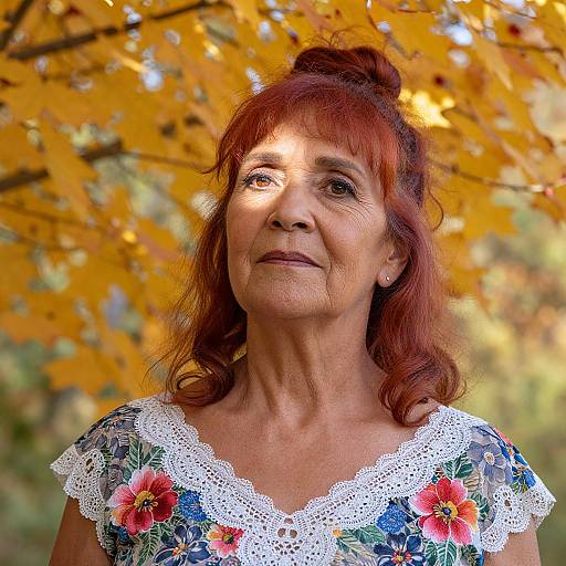 Photograph of an elderly woman with red hair in a bun, wearing a floral dress with white lace trim, standing against a backdrop of golden autumn leaves