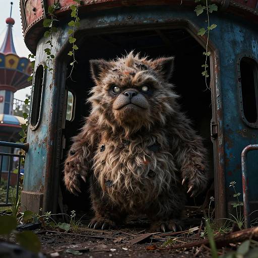 Photograph of a fluffy, dirty, disheveled-looking, eerie-looking creature with glowing eyes emerging from a rusted, blue, overgrown playground