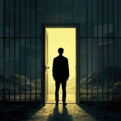 Silhouetted man standing in bright doorway, backlit by intense yellow light, against dark, gridded wall, creating a dramatic, mysterious