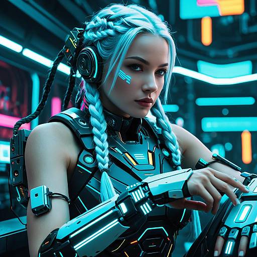 Cyberpunk Robotic Woman with Braided Hair