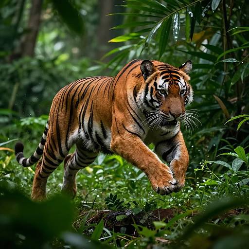 Photograph of a majestic Bengal tiger with orange and black stripes, walking through dense green forest, its powerful muscles and intense gaze highlighted by sunlight filtering through