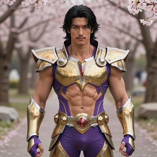 Muscular Superhero in Gold and Purple Armor