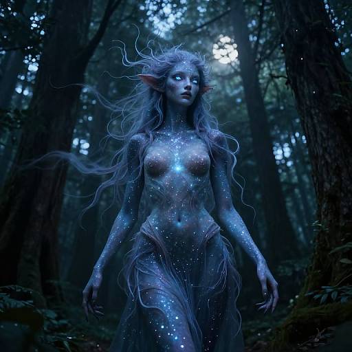 Digital painting of a blue, ethereal, topless fairy woman with long, flowing hair, glowing skin, pointed ears, and forest background.